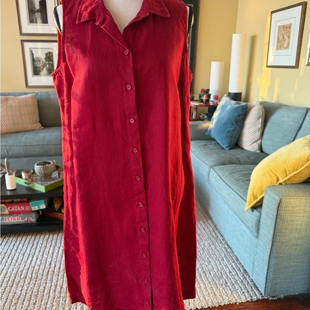 Garnet Hill red linen button up dress, 8 NBW w/out tags. - Picture 3 of 8